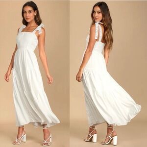 LULUS Dreams of Sunshine White Lace Tie-Strap Tiered Maxi Dress, Size Large